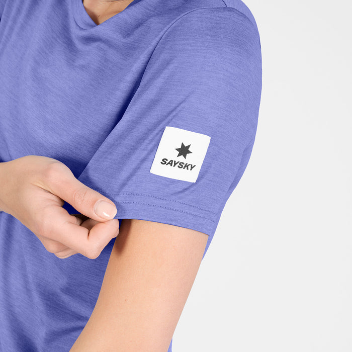 saysky clean pace t-shirt for women, quick dry, soft running t-shirt, light purple colour,  close view of woman wearing saysky running top, view of saysky logo