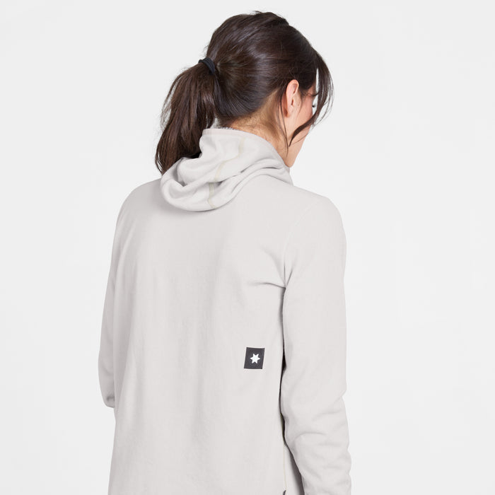 SAYSKY womens combat half zip fleece hoodie, warm and lightweight longsleeve fleece for running, grey colour with black SAYSKY logo, back view of woman wearing fleece hoodie on a white background