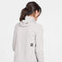 SAYSKY womens combat half zip fleece hoodie, warm and lightweight longsleeve fleece for running, grey colour with black SAYSKY logo, back view of woman wearing fleece hoodie on a white background