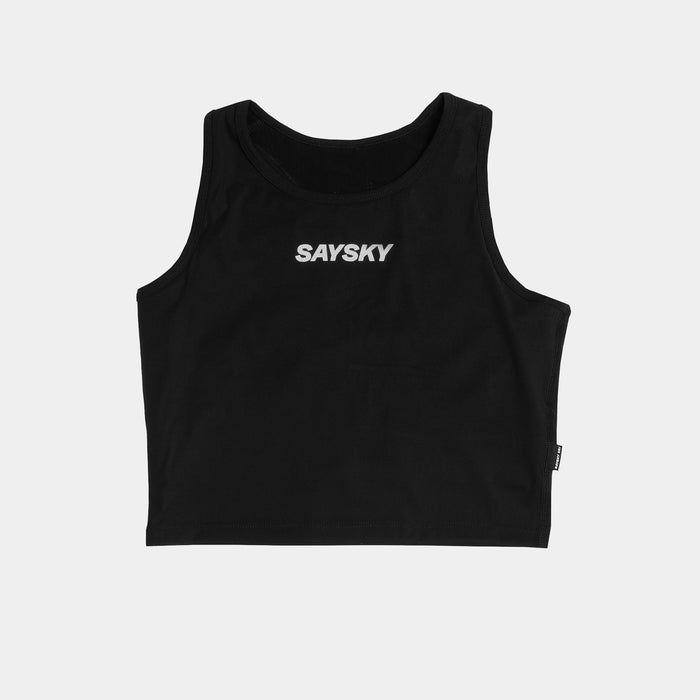 black saysky womens flow race crop top laid out flat white background
