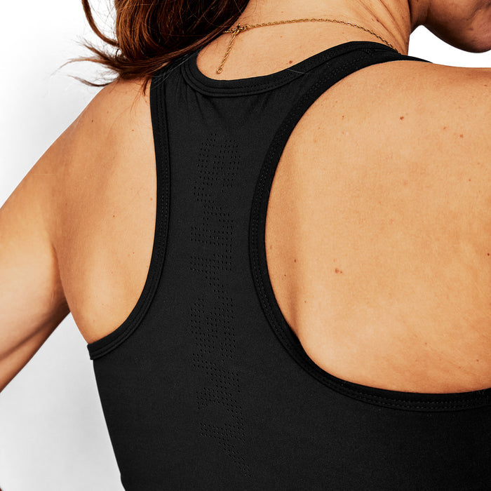 black saysky womens flow race crop top close up of back with saysky cut out detail