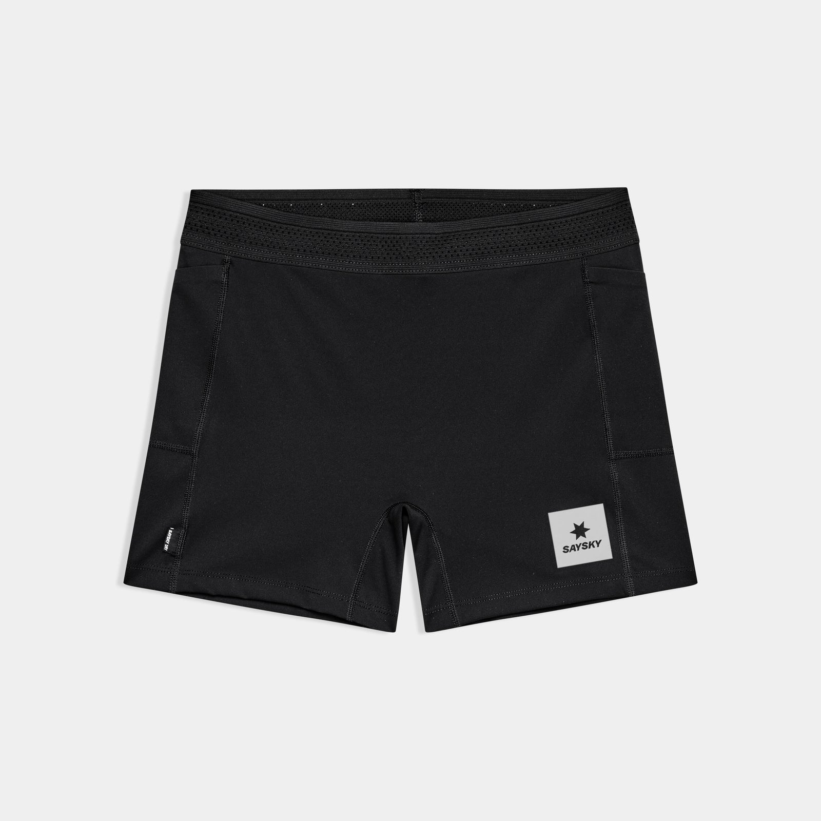 front view of saysky womens race shorts in a black colour with white logo