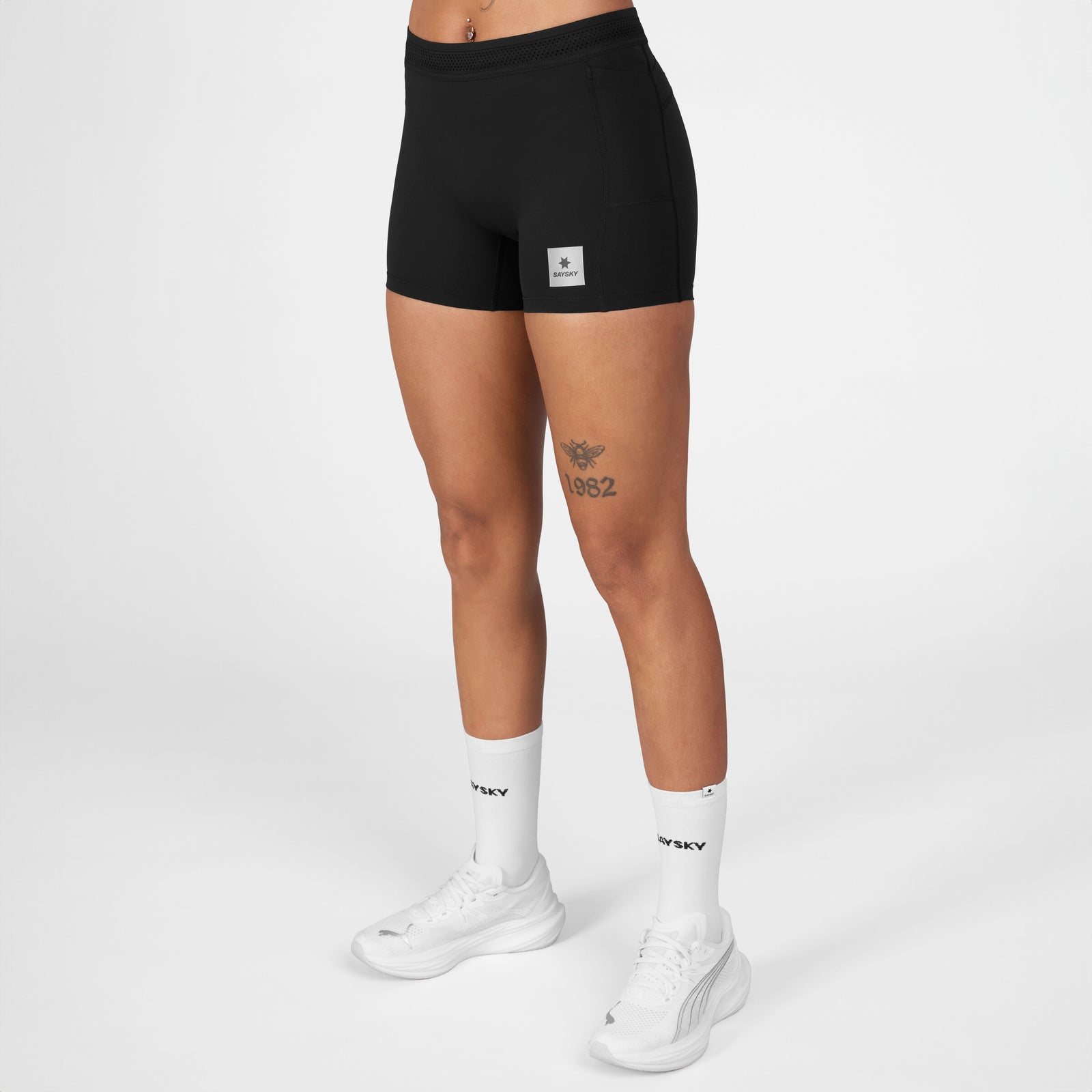 front view of saysky womens race shorts in a black colour with white colour