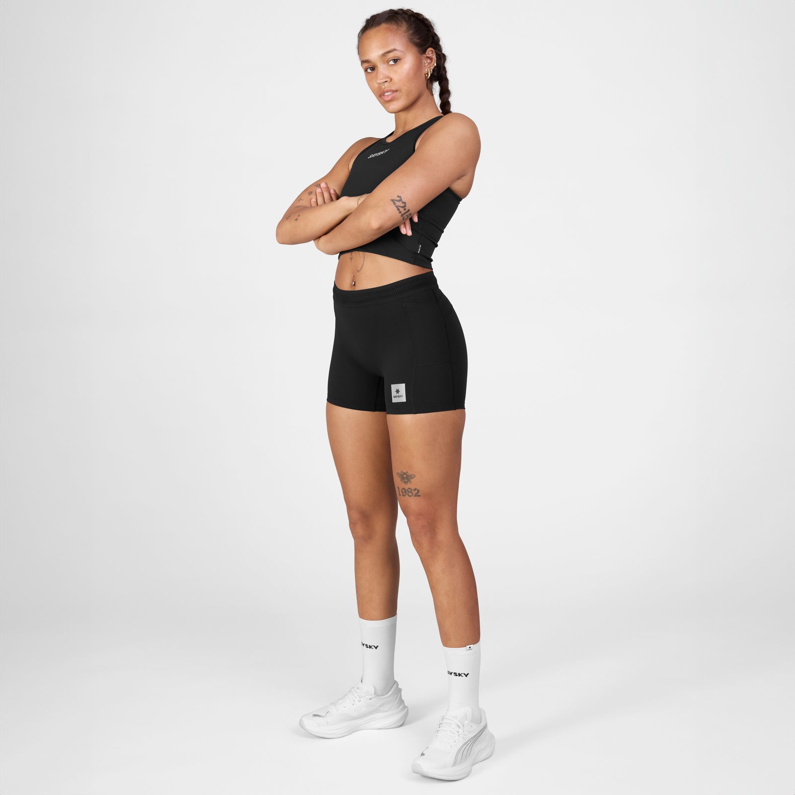 front view of saysky womens race shorts in a black colour with white colour
