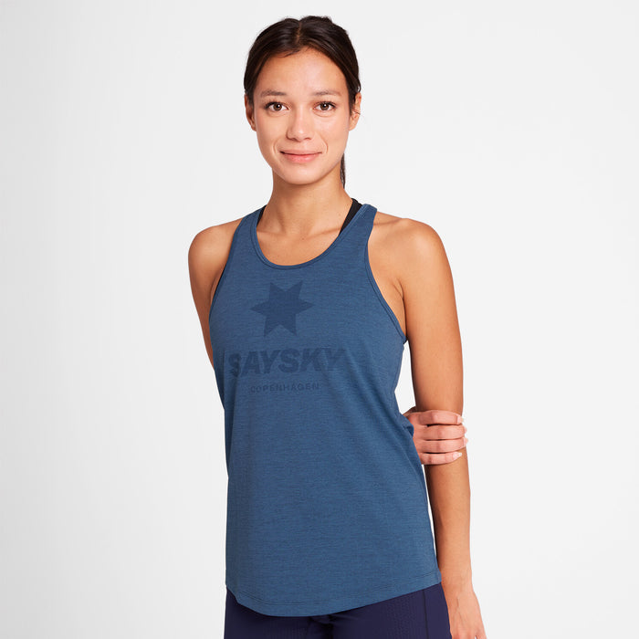 saysky womens logo combat pro singlet, lightweight breathable running top, dark blue colour with darker blue saysky logo on chest, woman wearing top 