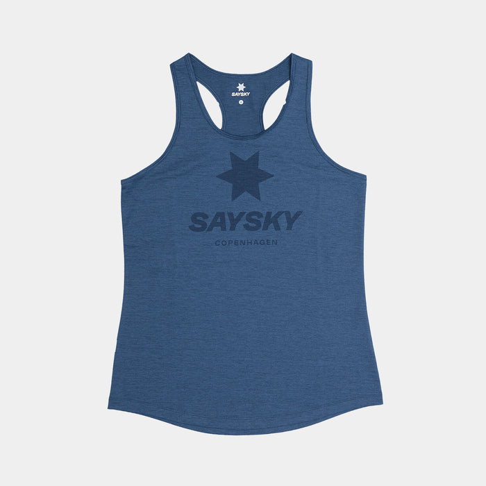 saysky womens logo combat pro singlet, lightweight breathable running top, dark blue colour with darker blue saysky logo on chest, top laid out flat on white background 