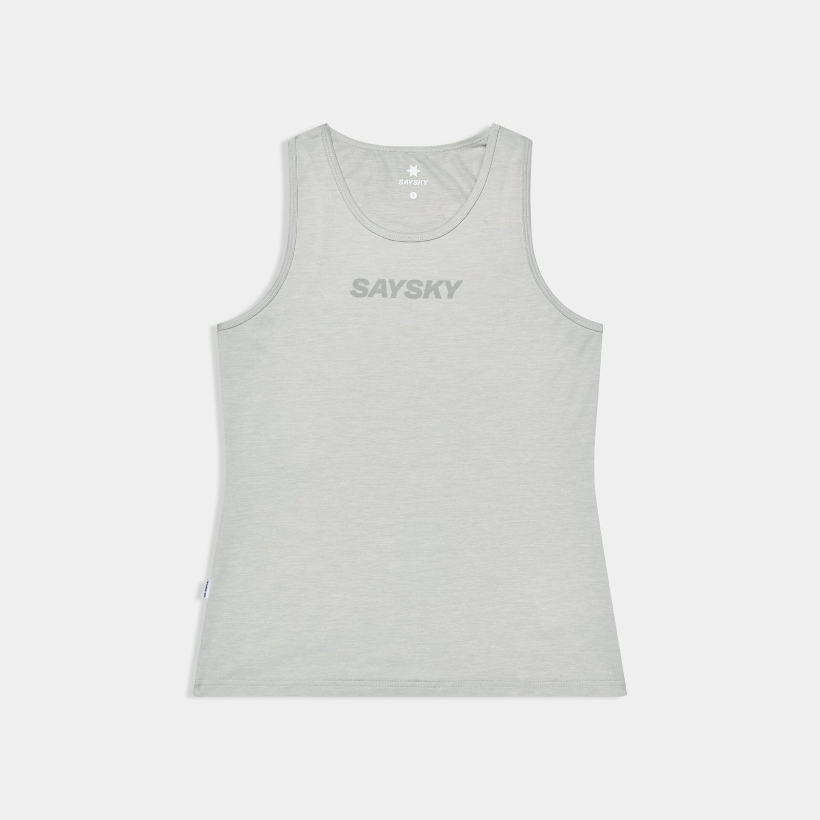 saysky logo pace tank top for women, lightweight moisture wicking soft tank top for running and working out, light grey colour with grey logo, top laid out flat on white background