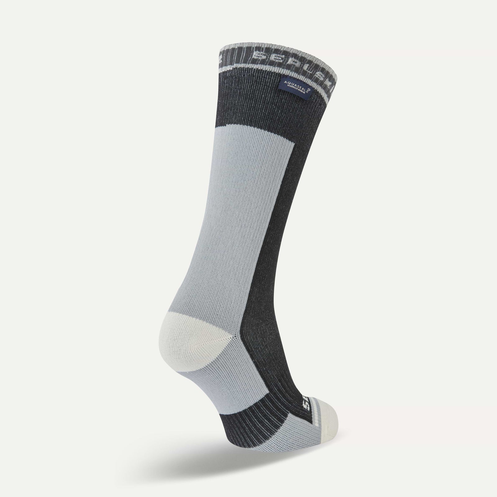 sealskinz holverstone waterproof running sock, gray and black sock with brand logo on a white background