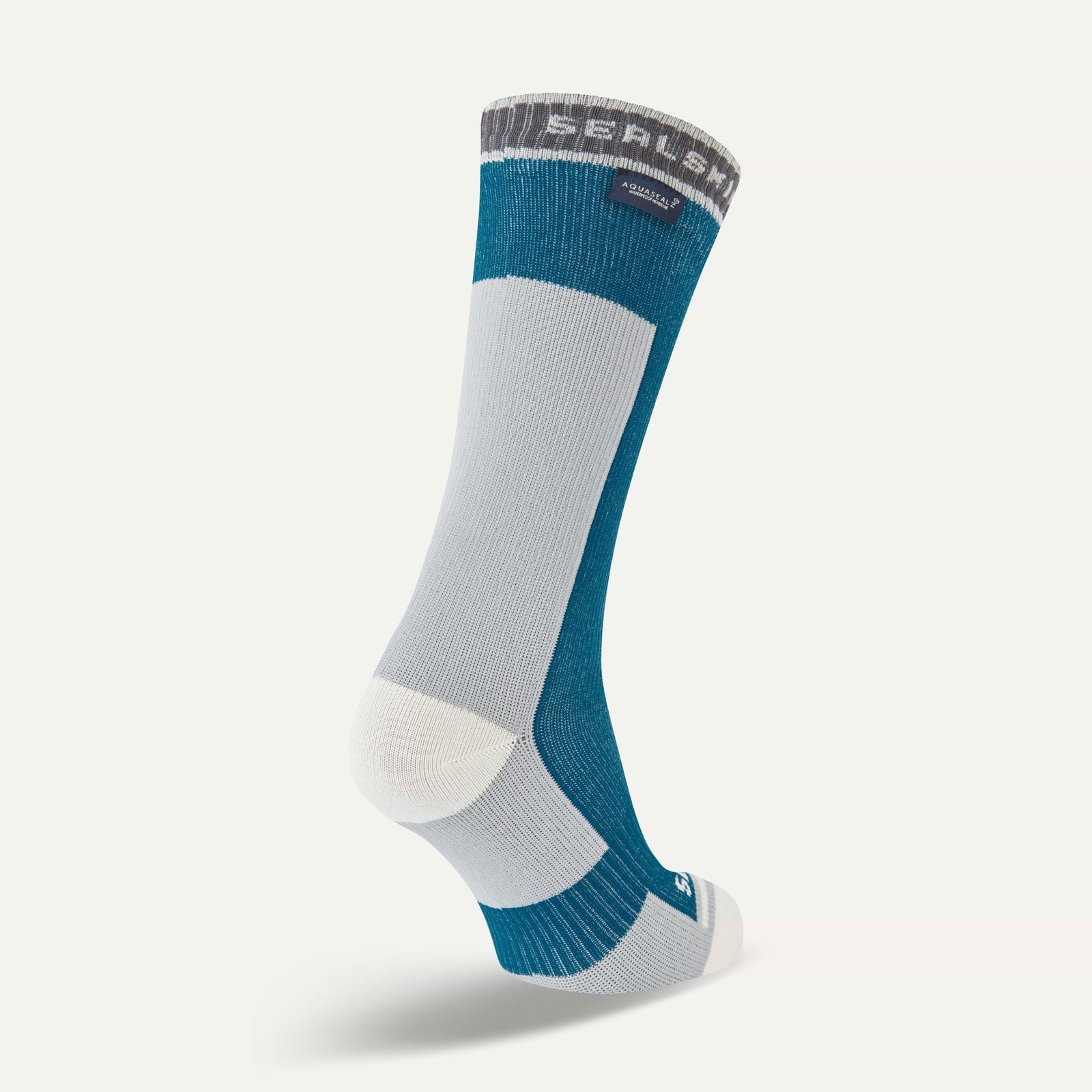 Blue and gray sock with 'Sealskinz' branding on a white background, waterproof running sock