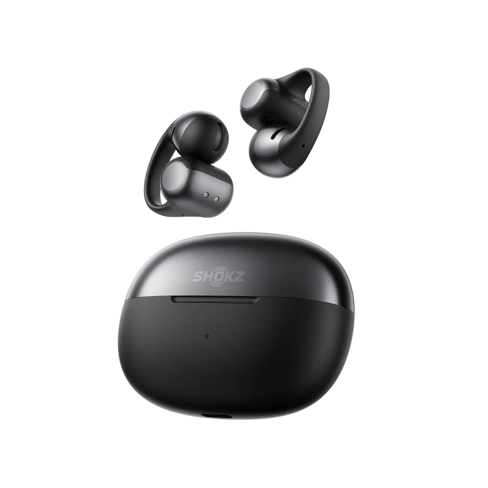 Pair of black wireless shokz earbuds with charging case
