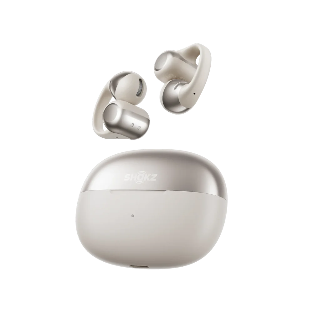 Wireless shokz silver grey earbuds with silver and white charging case 