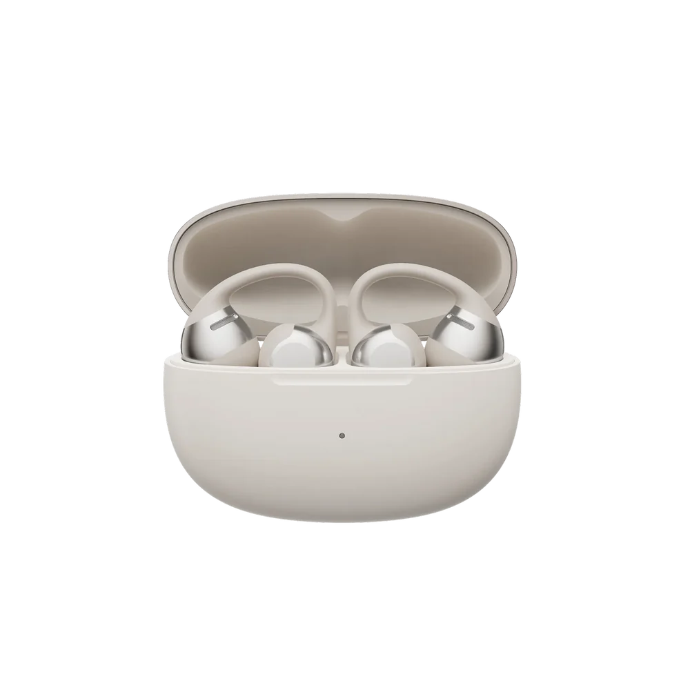 White and silver wireless shokz earbuds in an open white case