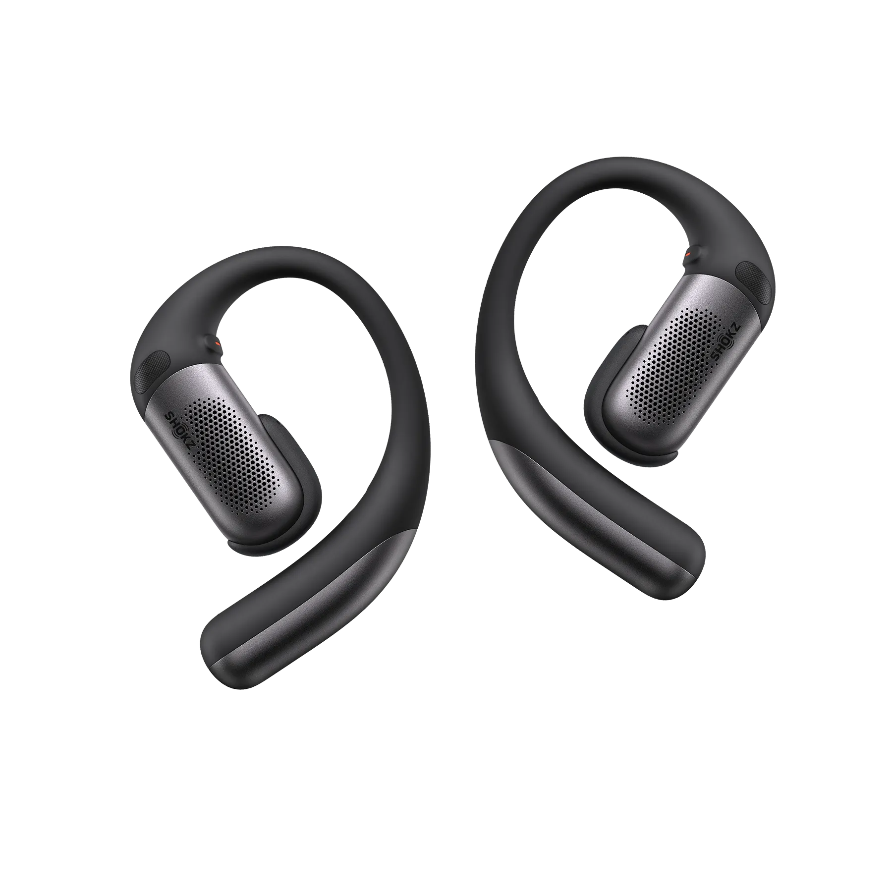 shokz openfit pro, wireless noise bone noise conducting earbuds, black colour, headphones laid on side