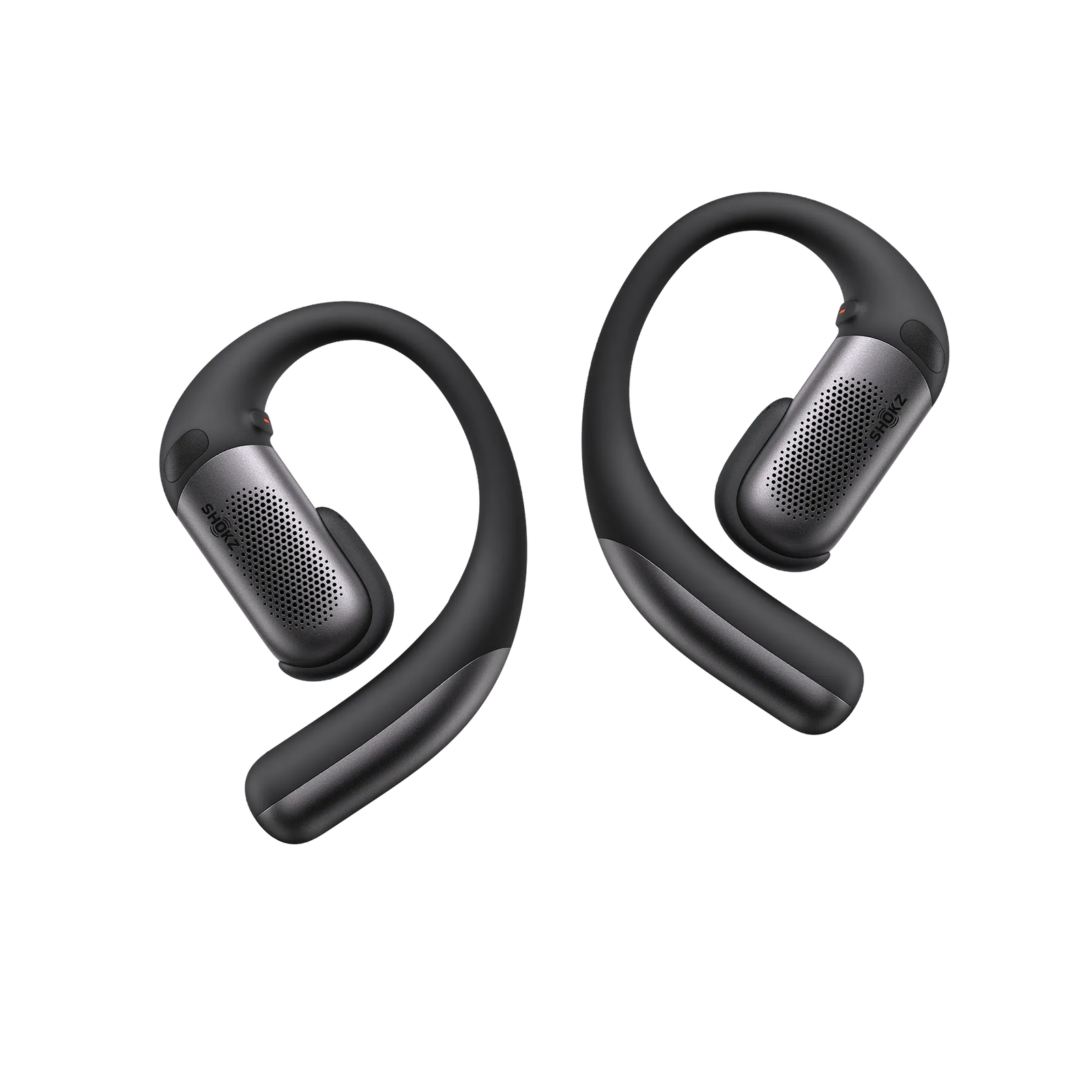 shokz openfit pro, wireless noise bone noise conducting earbuds, black colour, headphones laid on side