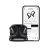 Black OpenFit Pro wireless earbuds shown with their charging case in front of a smartphone displaying the OpenFit Pro app