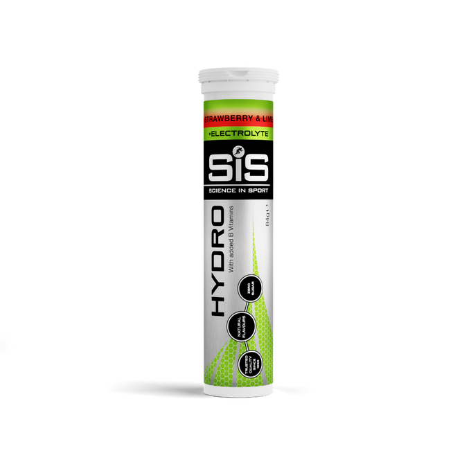 sis hydration tablets, electrolyte tablets for rehydrating, strawberry and lime flavour, tube with branding