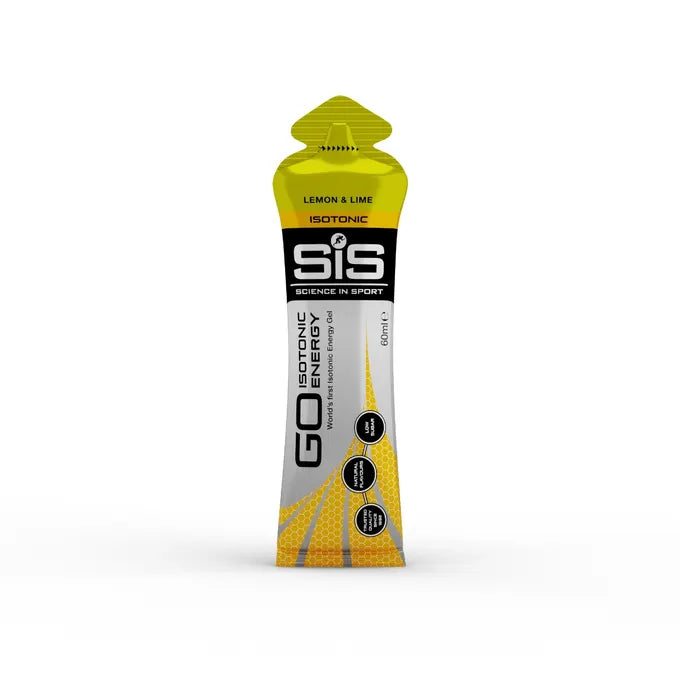sis isotonic energy gel, fast acting energy gel, lemon lime flavour, one gel packet with logo and green details