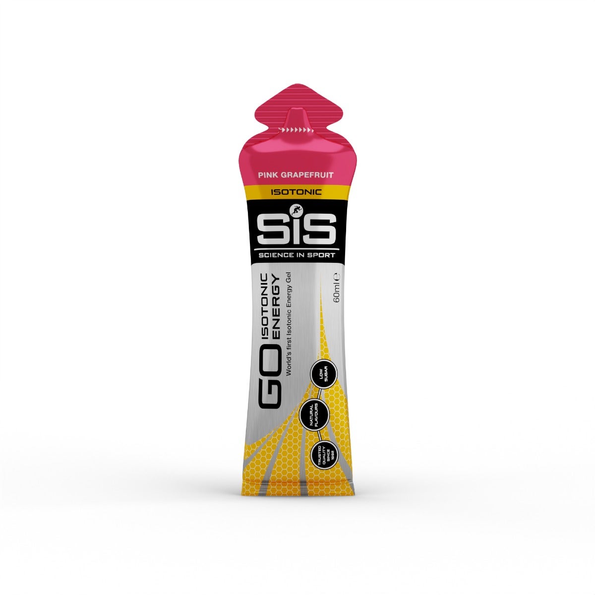 sis isotonic energy gel, fast acting energy gel, pink grapefruit flavour, one gel packet with logo and green details