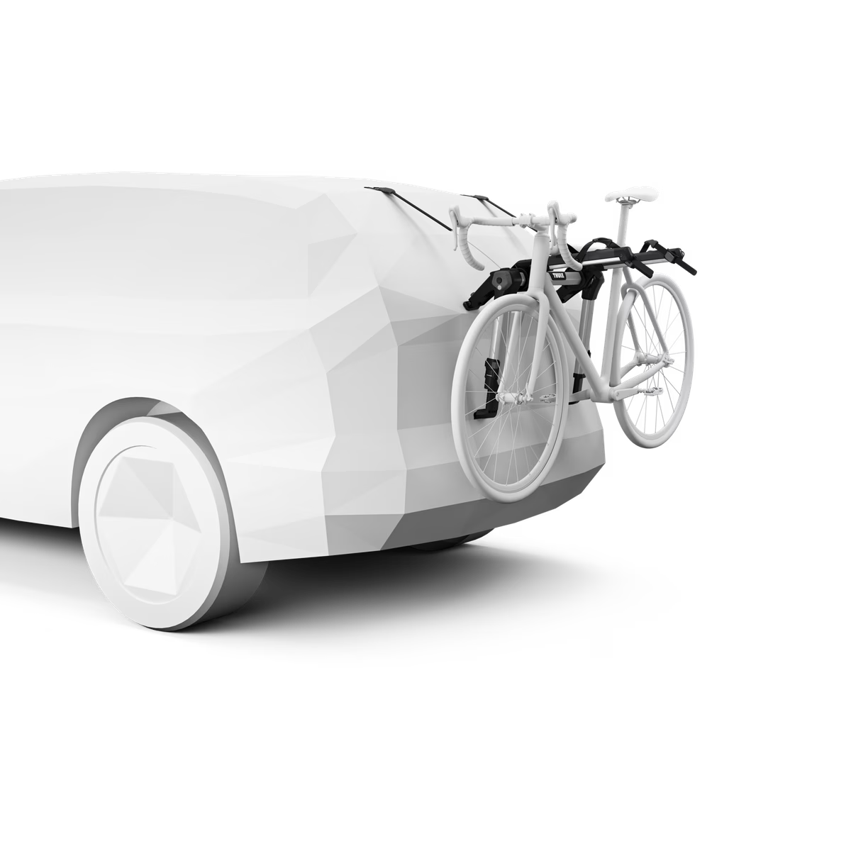 thule outway hanging rack mounted to white model car