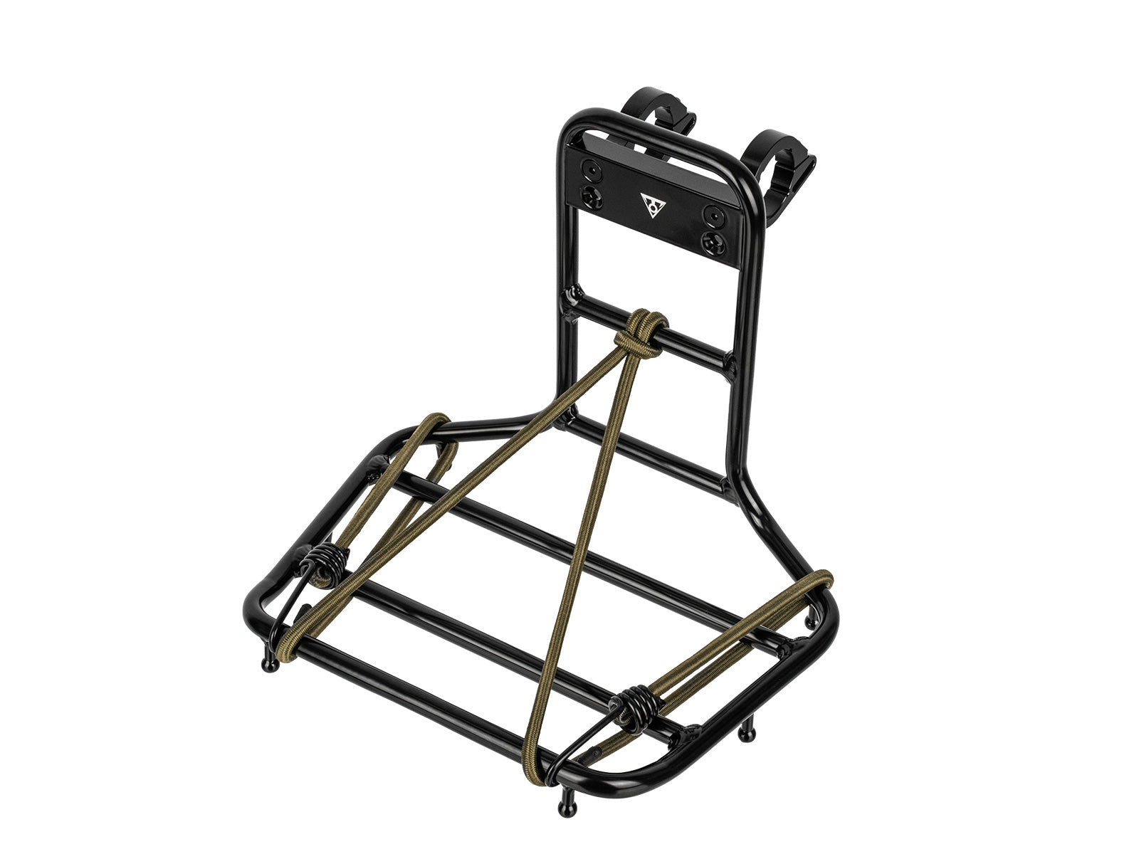 topeak argo elastic cord, stretch cord for holding down supplies when cycling, olive green cord with black hooks, cord on bike rack with white background