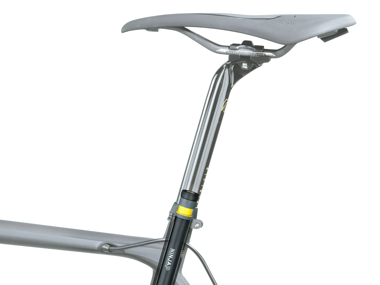 Close-up of a bicycle seat and frame showing the ninja seatpost pump hidden inside 