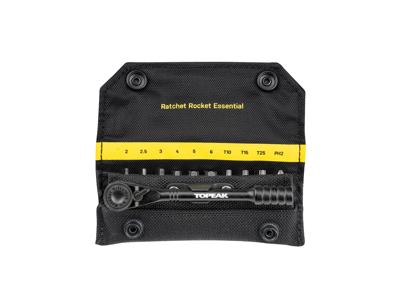 topeak ratchet rocket essential, topeak ratchet tool set with carrying pouch, black with yellow writting, case open with tool and bits 