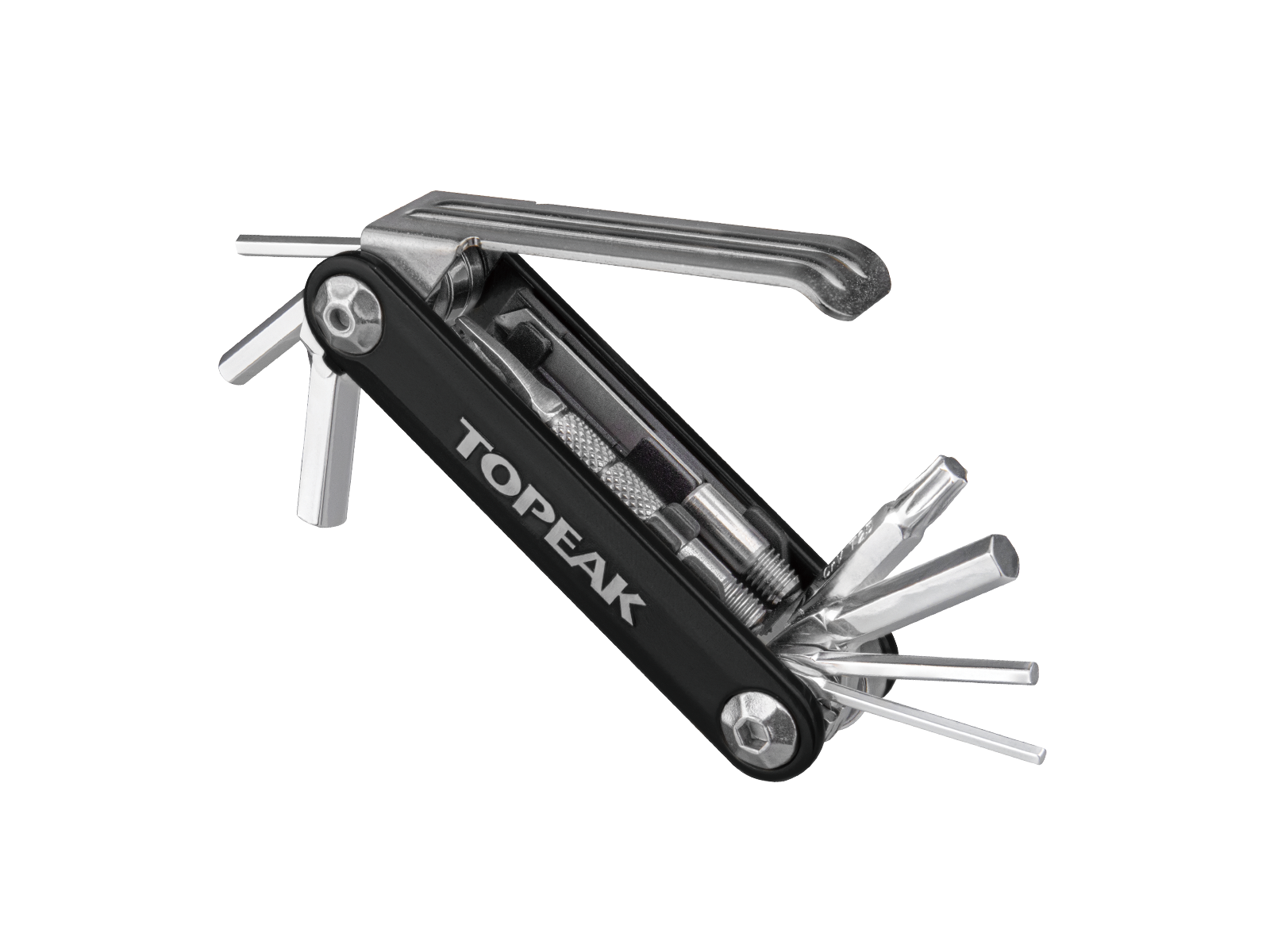 topeak tubi 11 functions multitool with tubeless puncture repair, black with silver tools, tools opened out for display