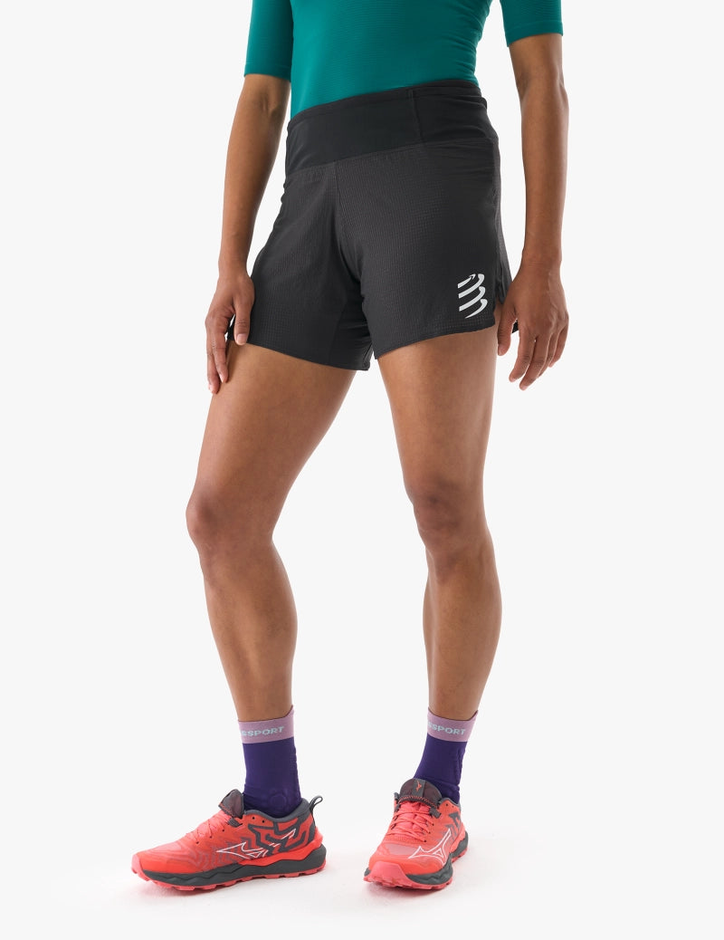 Person wearing black compressport running short with logo on front