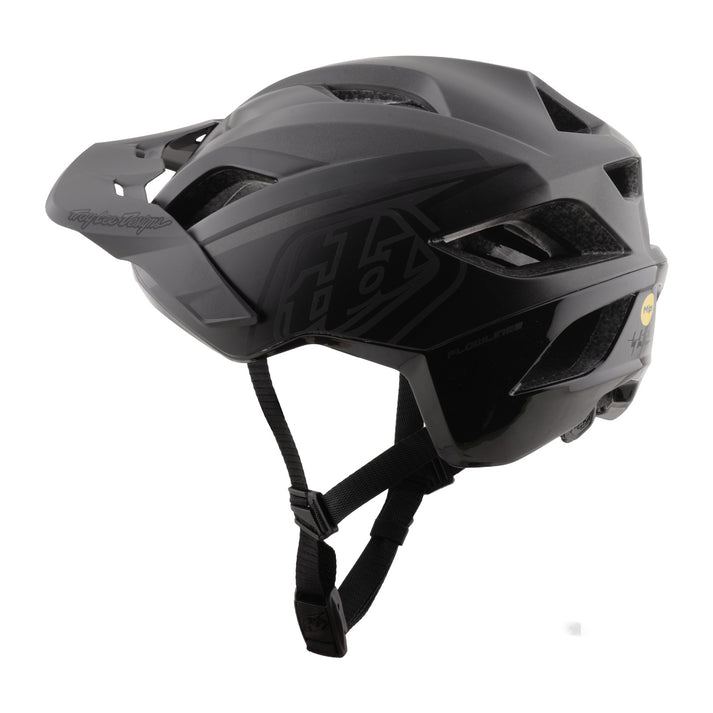 troy lee designs flowline se black matte mtb helmet with visor, back side profile of helmet