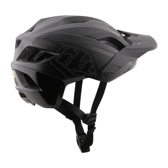 troy lee designs flowline se black matte mtb helmet with visor, right side profile of helmet