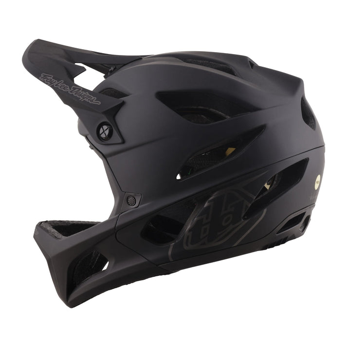 troy lee stage helmet, black full face cycling helmet, back side profile