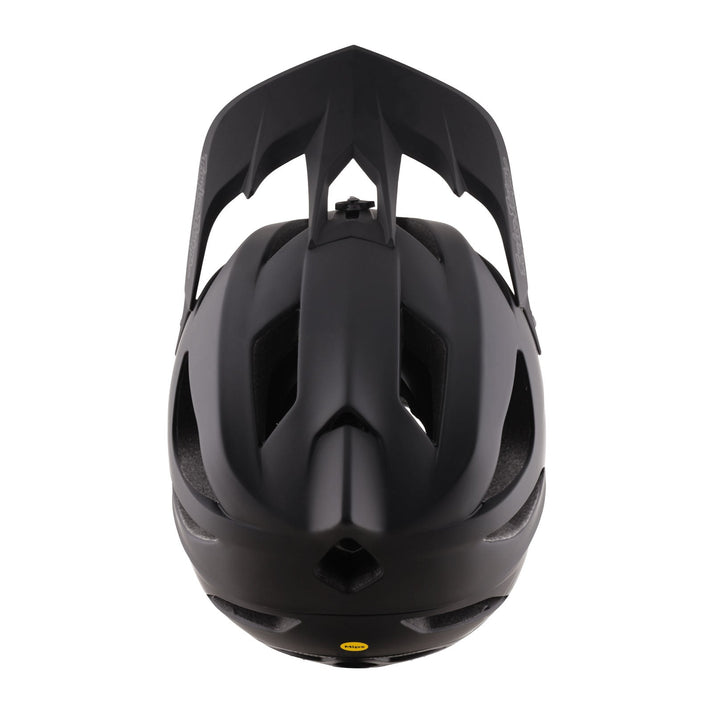 troy lee stage helmet, black full face cycling helmet, top down view of helmet