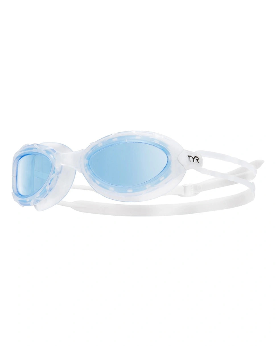 tyr nest pro goggles with blue lenses and clear strap for swimming