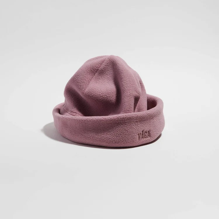 vaga fleece beanie, warm running hat, light pink colour, brim of hat rolled up