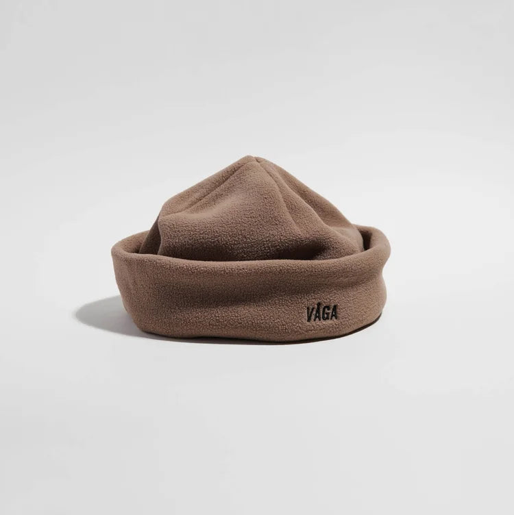 vaga fleece beanie, warm running hat, brown grey colour, brim of hat rolled up
