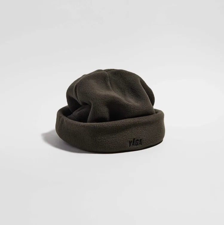 vaga fleece beanie, warm running hat, dark green colour, brim of hat rolled up