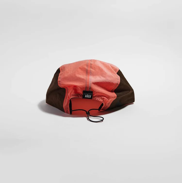 vaga pacer cap, lightweight water resistant running cap, red pink and brown colour, back of hat with adjustable band 