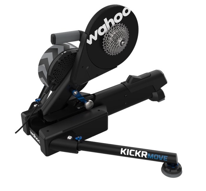 wahoo kickr move bike trainer, bike trainer with side to side movement, black cycling trainer front side view