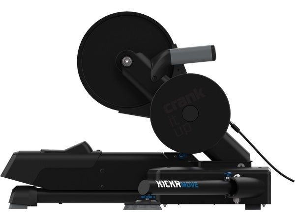 wahoo kickr move bike trainer, bike trainer with side to side movement, black cycling trainer back side view