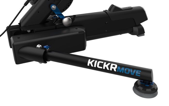 wahoo kickr move bike trainer, bike trainer with side to side movement, close up of axis leg on bike trainer