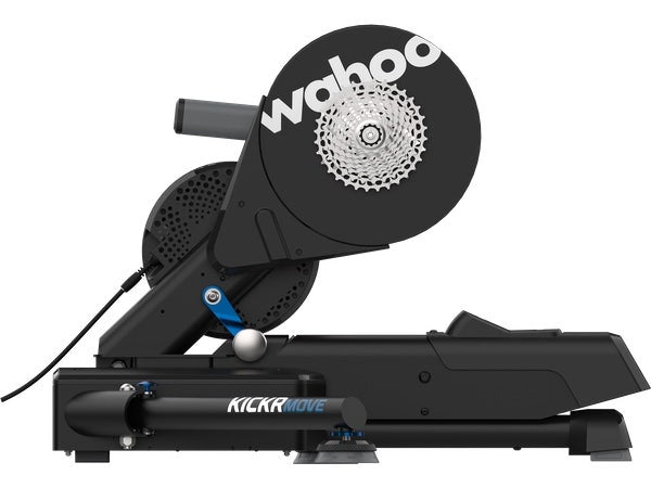 wahoo kickr move bike trainer, bike trainer with side to side movement, black cycling trainer side view