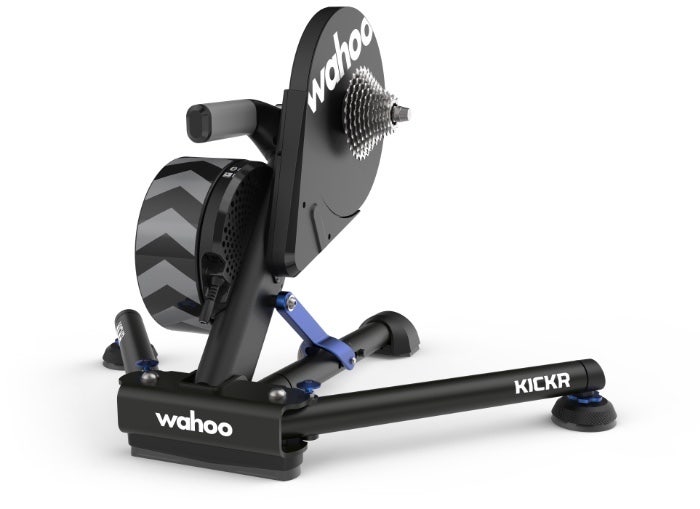 wahoo kickr smart trainer, indoor cycling trainer, black colour, back of trainer with wahoo logo 