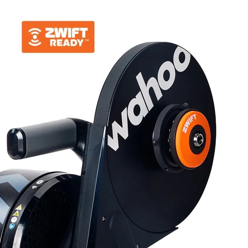 wahoo kickr smart trainer, indoor cycling trainer, black colour, close up of zwift connection