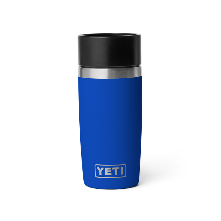 YETI Rambler 355ml Water Bottle, insulated flask bottle for maintaining internal temperatures, front view of bottle in a blue colour
