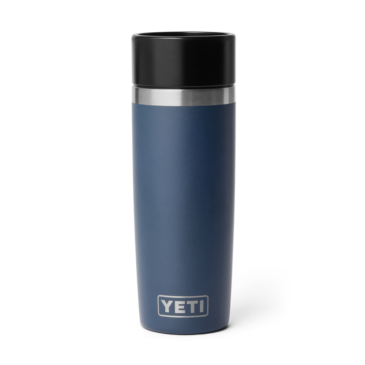 YETI Rambler 473ml Travel Bottle, insulated flask bottle for maintaining internal temperatures, front view of bottle in a dark blue colour