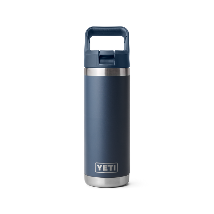 YETI Rambler 532 ml Water Bottle, insulated flask bottle for maintaining internal temperatures, front view of bottle in a navy colour
