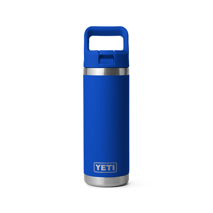 YETI Rambler 532 ml Water Bottle, insulated flask bottle for maintaining internal temperatures, front view of bottle in a blue colour