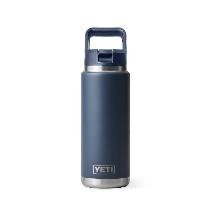 YETI Rambler 769 ml Water Bottle, insulated flask bottle for maintaining internal temperatures, front view of bottle in a dark blue colour