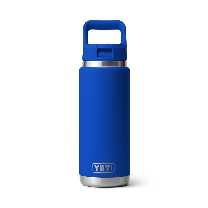 YETI Rambler 769 ml Water Bottle, insulated flask bottle for maintaining internal temperatures, front view of bottle in a blue colour

