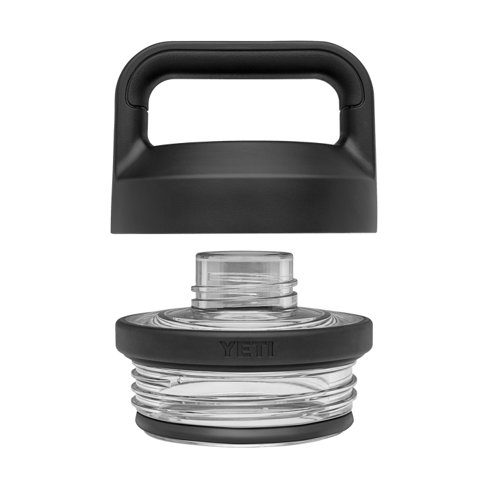 A YETI insulated bottle lid with a black plastic handle and a clear glass base, in a black colour.